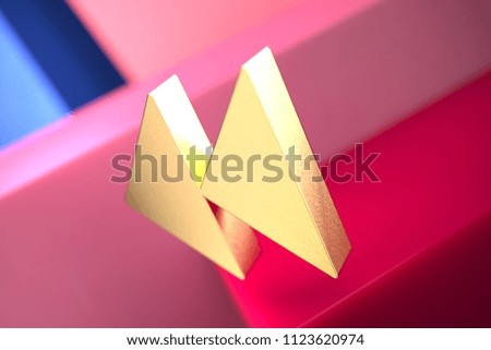 Gold Arrow Backward Icon on the Pink and Blue Geometric Background. 3D Illustration of Gold Arrow, Back, Cancel, History, Remove, Rotate Icon Set With Color Boxes on the Pink Background.