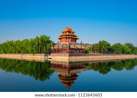 Turret of forbiden city in Beijing, China, with blue sky, with nobody
