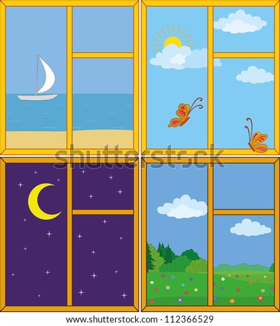 Set windows with landscapes: sea and ship, butterflies in the sky, moonlit night, flower meadow. Vector
