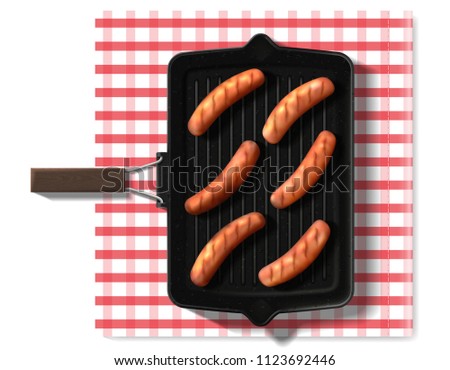 Realistic grill pan isolated on white background. Top view on sausages on grill pan. Vector illustration.