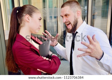 Noisy quarrel with the head of the office employee. A man screams at a woman. Director's Cry.