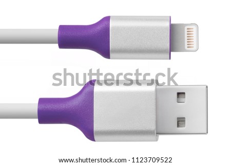 connectors lightning and ordinary usb Purple with silvery aluminum. frontal view