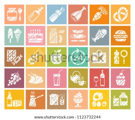 Food and drinks, production and sale. Colored square icons with white pattern. Simulation of shading. Vector clip art. 