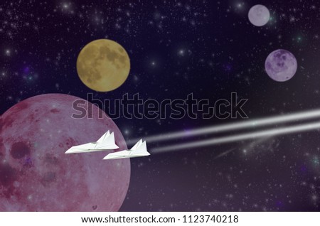 Two white jets trek in the deep space
