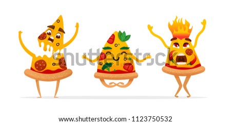 Funny Cartoon pizza characters.  Vegan. hot.  pizza slice. fast food characters. vector illustration isolated on white background.