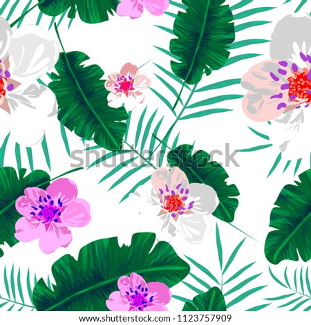 vector seamless beautiful artistic tropical pattern with exotic forest. Colorful original stylish floral print background, bright colors on white background. flowers