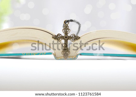 Bible and cross on white table - Stock image Bible, Cross, Easter, Crucifix, Thailand