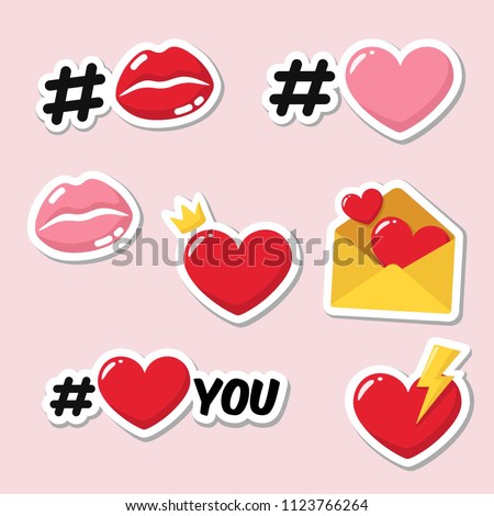 Vector set of romantic love stickers icons. Red and pink heart, hashtag heart, heart with crown, lips in kiss, heart with lightning, envelope with hearts. Royalty-Free Stock Photo #1123766264