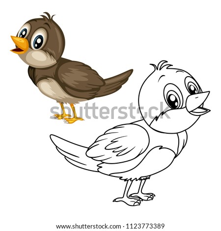 Colored and Black and White Vector Illustration of a Happy Nightingale. Cute Cartoon Bird Isolated on a White Background Coloring Page. Happy Animals Coloring Book for Children Royalty-Free Stock Photo #1123773389
