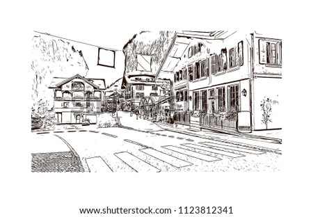Lauterbrunnen, Village in Switzerland. Hand drawn sketch illustration in vector.