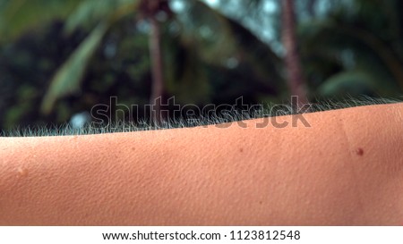 CLOSE UP, MACRO, DOF: Unknown adult person twists and turns their arm to show their goosebumps. Young female shivers in the chilly breeze coming from the ocean. Woman gets cold and starts trembling. Royalty-Free Stock Photo #1123812548