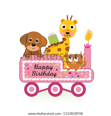 Dog, cats and giraffe with train. Happy birthday greeting card. Birthday train with animals.