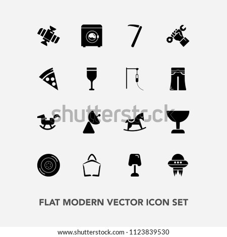Modern, simple vector icon set with wash, builder, automobile, search, ufo, spacecraft, cute, radio, lamp, signal, sale, food, spanner, interior, toy, child, baby, orbit, car, antenna, duck, bag icons