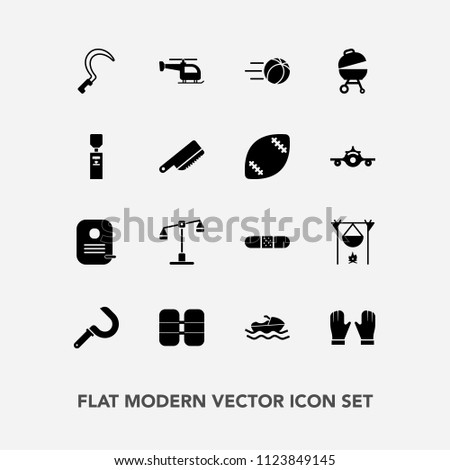 Modern, simple vector icon set with transport, balance, garden, glove, equipment, bonfire, oxygen, flight, gardening, barbecue, medicine, grill, sport, sea, hot, flame, farming, boat, identity icons