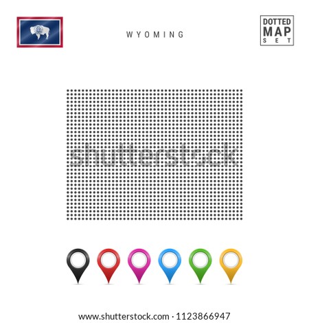 Dots Pattern Vector Map of Wyoming. Stylized Simple Silhouette of Wyoming. The Flag of the State of Wyoming. Set of Multicolored Map Markers. Illustration Isolated on White Background.