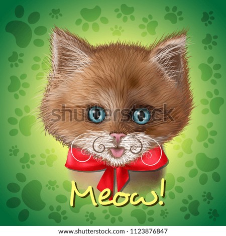 Vector hand drawn picture of a red-haired cat with blue eyes and a red bow. Cute illustration of a kitten on a green background with paws and the inscription Meow. Character for your creative project
