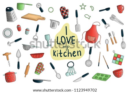 Vector set of colored kitchen tools. Bright pack of apron, cutlery, chopping board, saucepan, measuring cup, grater, whisk, dish, glass, fork, mug, chopsticks, pizza cutter, spoon. Cartoon style