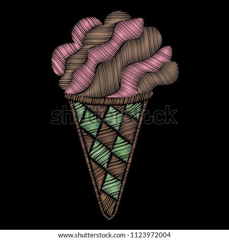 Isolated vectorembroidery ice cream  illustration in patch style. Colorful design for embroidery, sticker or pin.