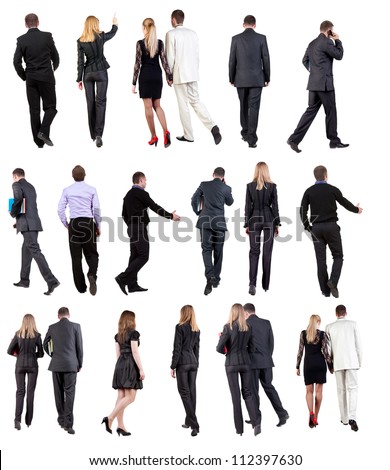 Collection " Back view of walking  business people ". going woman and man in suit. Rear view people set.  backside view of person.  Isolated over white background.
