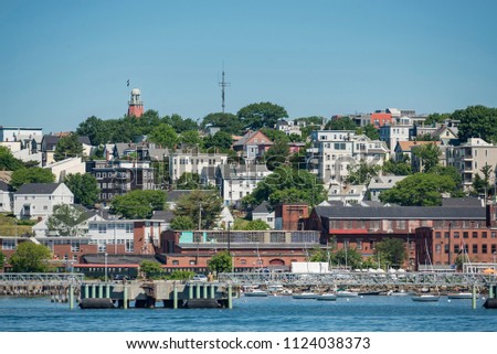 View of Portland Harbor with the skyline in Maine, USA