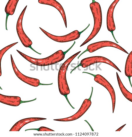 Seamless hand drawn chilli pepper pattern.