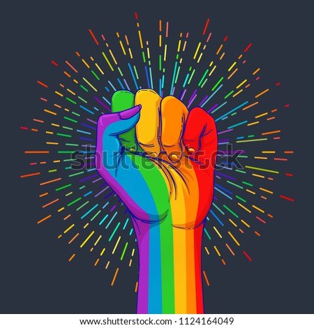Rainbow colored hand with a fist raised up. Gay Pride. LGBT concept. Realistic style vector colorful illustration. Sticker, patch, t-shirt print, logo design. Royalty-Free Stock Photo #1124164049