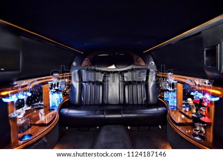 luxury limousine interior party champagne colorful leather beautiful ceremony Royalty-Free Stock Photo #1124187146