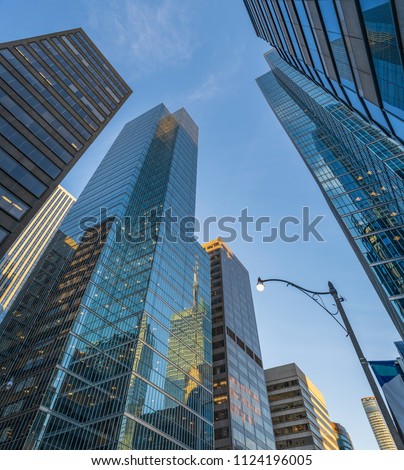 Skyscrapers and high - rise buildings in the Financial District of Downtown Toronto  from below