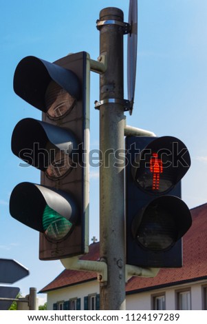 traffic light in bavarian city wangen summer sunshine day blue sky