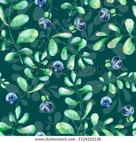 Seamless texture. Pattern is isolated on green background. Blueberry leaves and berries.