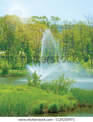 in the middle of the Lake is hitting the high beautiful Fountain, under open sky high fountain. water spray
