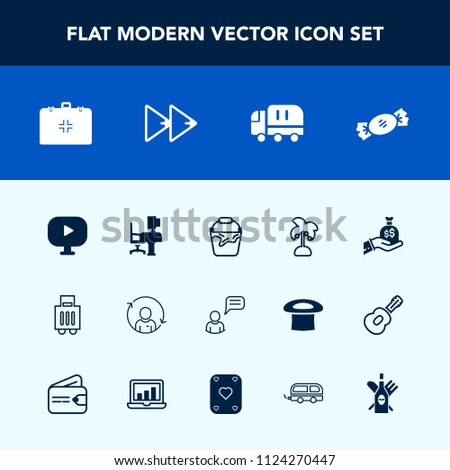 Modern, simple vector icon set with chat, lollipop, delivery, travel, money, business, emergency, palm, table, music, baggage, cargo, airport, media, clean, refresh, bag, quality, rewind, handle icons