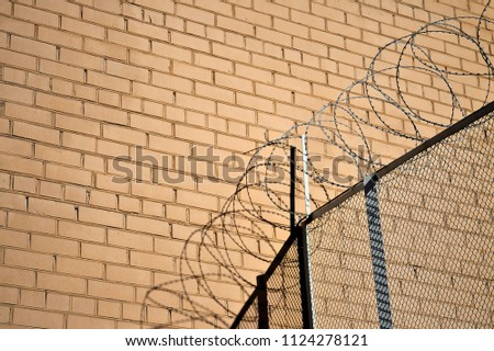 Part of the fence made of metal mesh and barbed wire on the background of brick wall, illuminated by sunlight. The concept of restriction of freedom of movement.