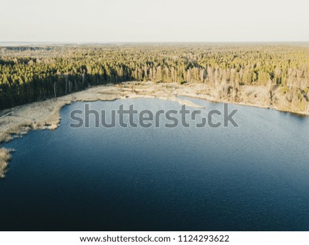 drone image. aerial view of rural area with swamps, lakes and forests in sunny spring day. Latvia - vintage look
