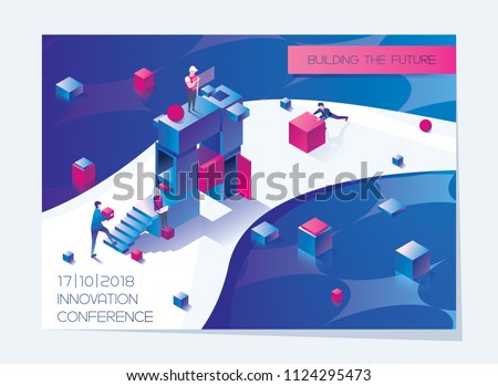 Horizontal booklet or flyer card with isometric letter A and people building it. Concept bright illustration in blue and pink drawn with vivid gradients Royalty-Free Stock Photo #1124295473