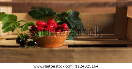 
Ripe raspberries in a small clay bowl in a wooden basket. Next to the raspberry is a branch of a currant with leaves. Evening light.