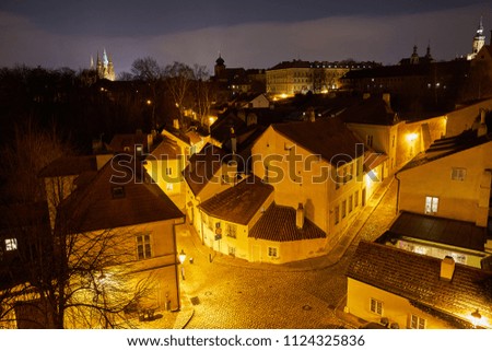  Night picture of the picturesque  quarter called New world in Prague, capitol of Czech Republic close to Prague castle, one of oldest places there, popular between tourists                           