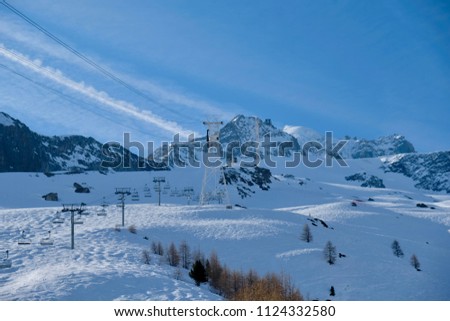 The domaine of les grands Montets with its ski slopes and ski lifts in winter