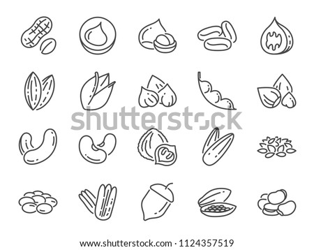 Nuts, seeds and beans icon set. Included icons as walnut, sesame, green beans, coffee, almond, pecan and more. Royalty-Free Stock Photo #1124357519