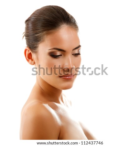 beauty girl, happy young natural beautiful woman over white background