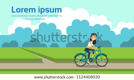woman cycling bike city park green lawn trees template landscape background copy space horizontal flat vector illustration
