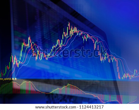 Double exposure. Technical price graph and indicator, red and green candlestick chart and stock trading computer screen background Market volatility, up and down trend Crypto currency theme background