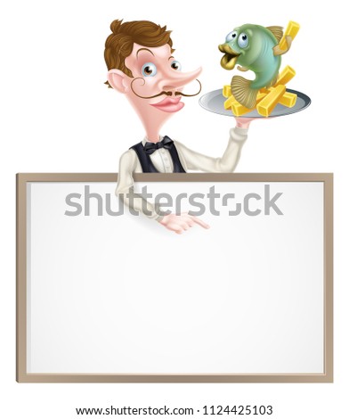An Illustration of a Cartoon Waiter Butler Fish and Chip Sign