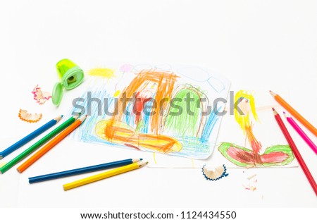Children's creativity on paper. Drawing with pencils. Place for text
