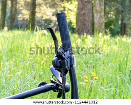 Close-up of detail of the mountain bicycle on the green grass.