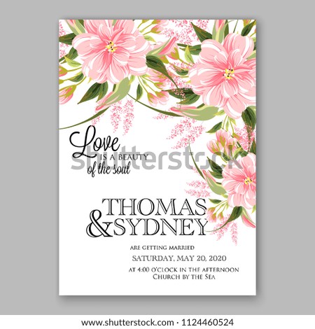 Floral japanese pink sakura wedding invitation vector printable card/ Bridal shower bouquet wreath apple bloossom