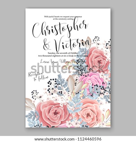 Floral powder blush pink rose wedding invitation vector printable card/ Bridal shower bouquet wreath 