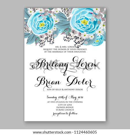 Floral blue mint rose wedding invitation vector printable card/ Bridal shower bouquet wreath 