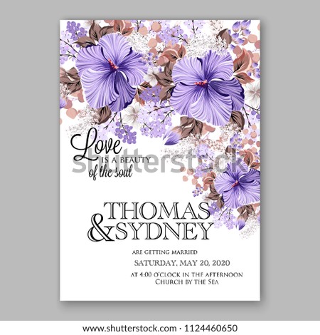 Hawaii summer tropical wedding invitation blue hibiscus white lilac floral watercolor aloha