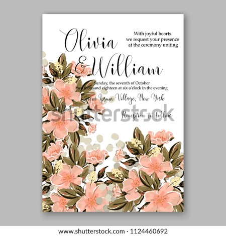 Floral japanese pink sakura wedding invitation vector printable card/ Bridal shower bouquet wreath apple bloossom